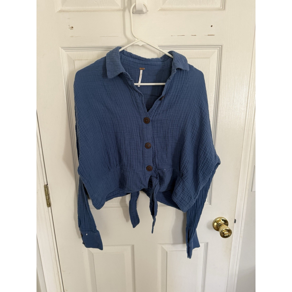 Free People Blue Gauze Button Front Tie Hem Top Long Sleeve Boho Casual